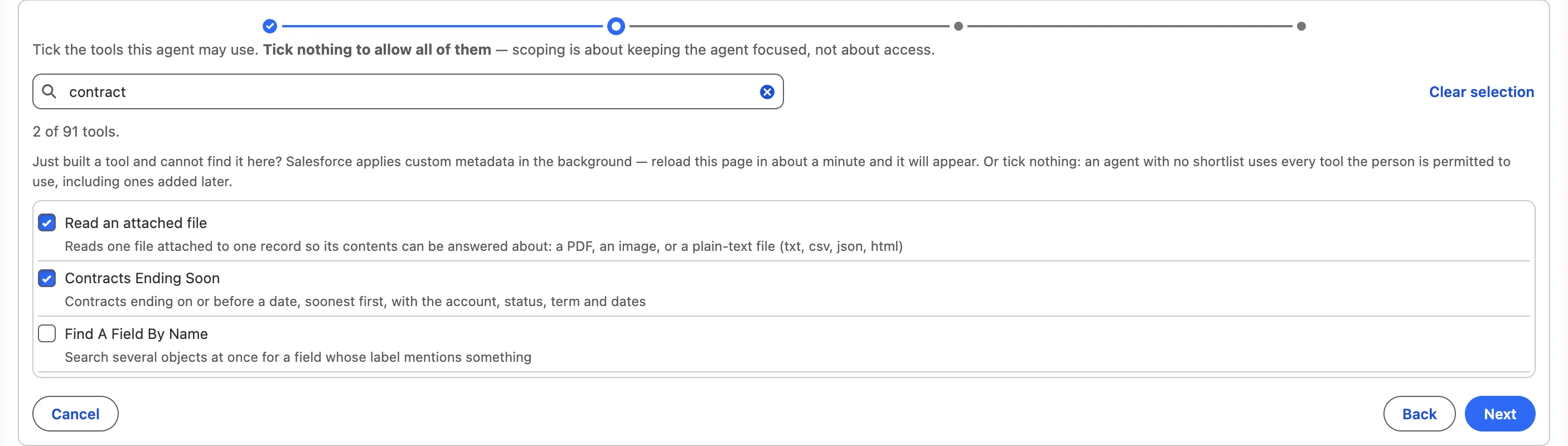 The agent wizard’s tool catalogue filtered to ‘contract’, with Read an attached file and the custom Contracts Ending Soon tool ticked.