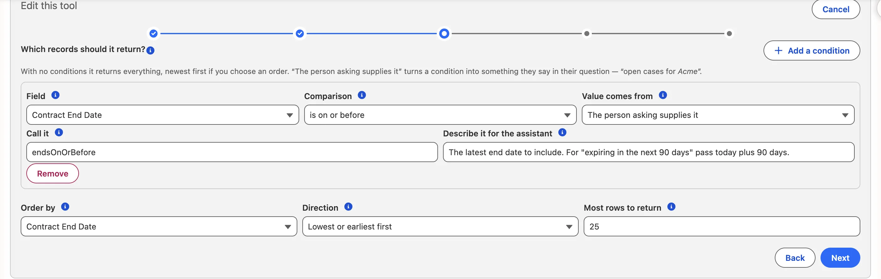 The filters step: Contract End Date is on or before a value the person asking supplies, named endsOnOrBefore, with a description telling the assistant how to use it.