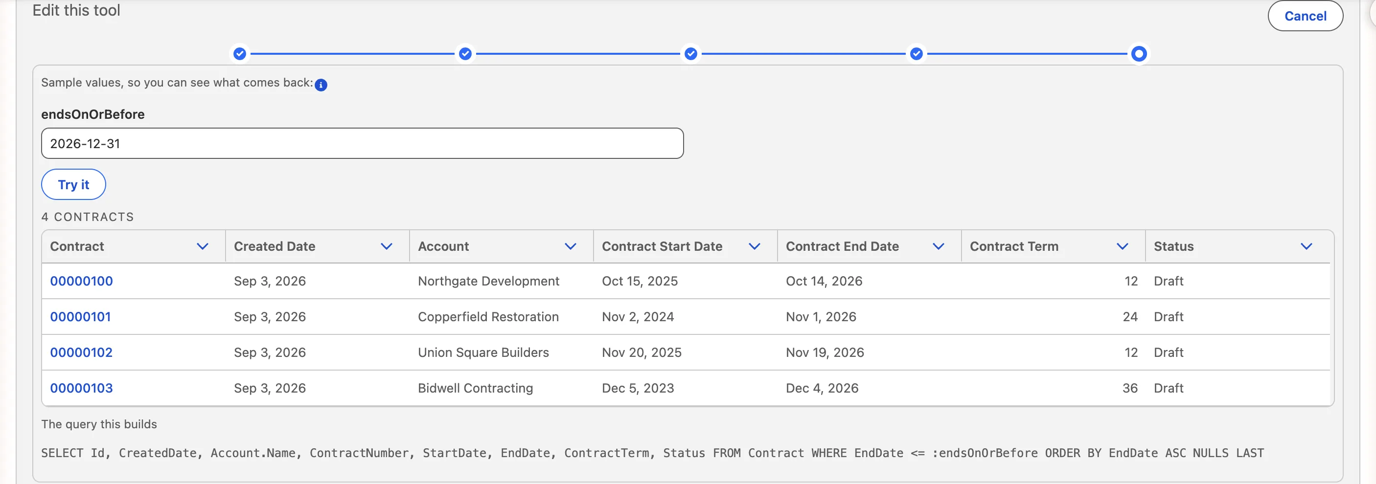 The preview step: a sample value, four contract rows returned, and the SELECT query the wizard built with a bind variable.