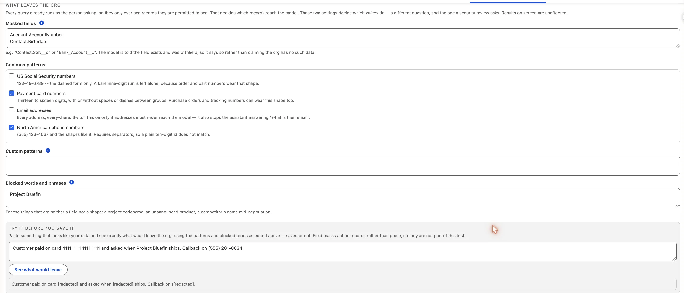 The masking settings: two masked fields, pattern library with payment cards and phone numbers ticked, a blocked term, and the try-it box showing a pasted sentence with the card number, codename and phone number replaced by [redacted].