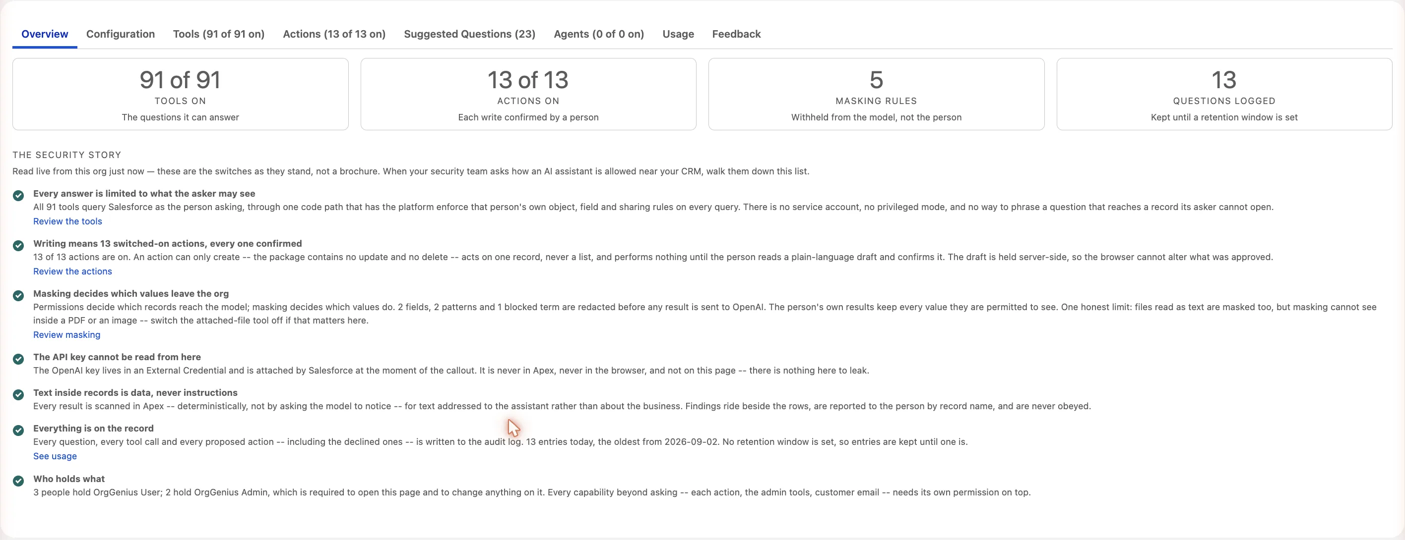 The OrgGenius settings Overview: tool and action counts, masking rules, and the security story read live from the org.
